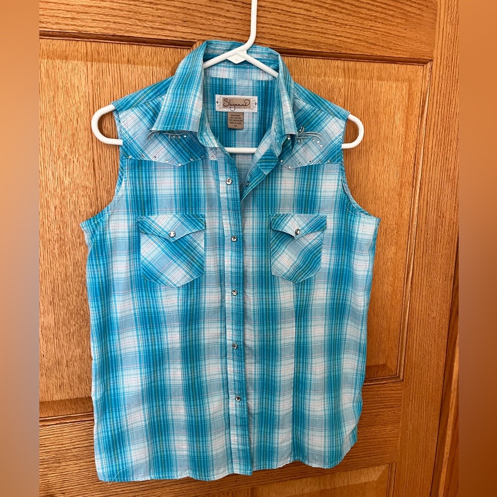 Blue Plaid Sleeveless Button Down Shirt